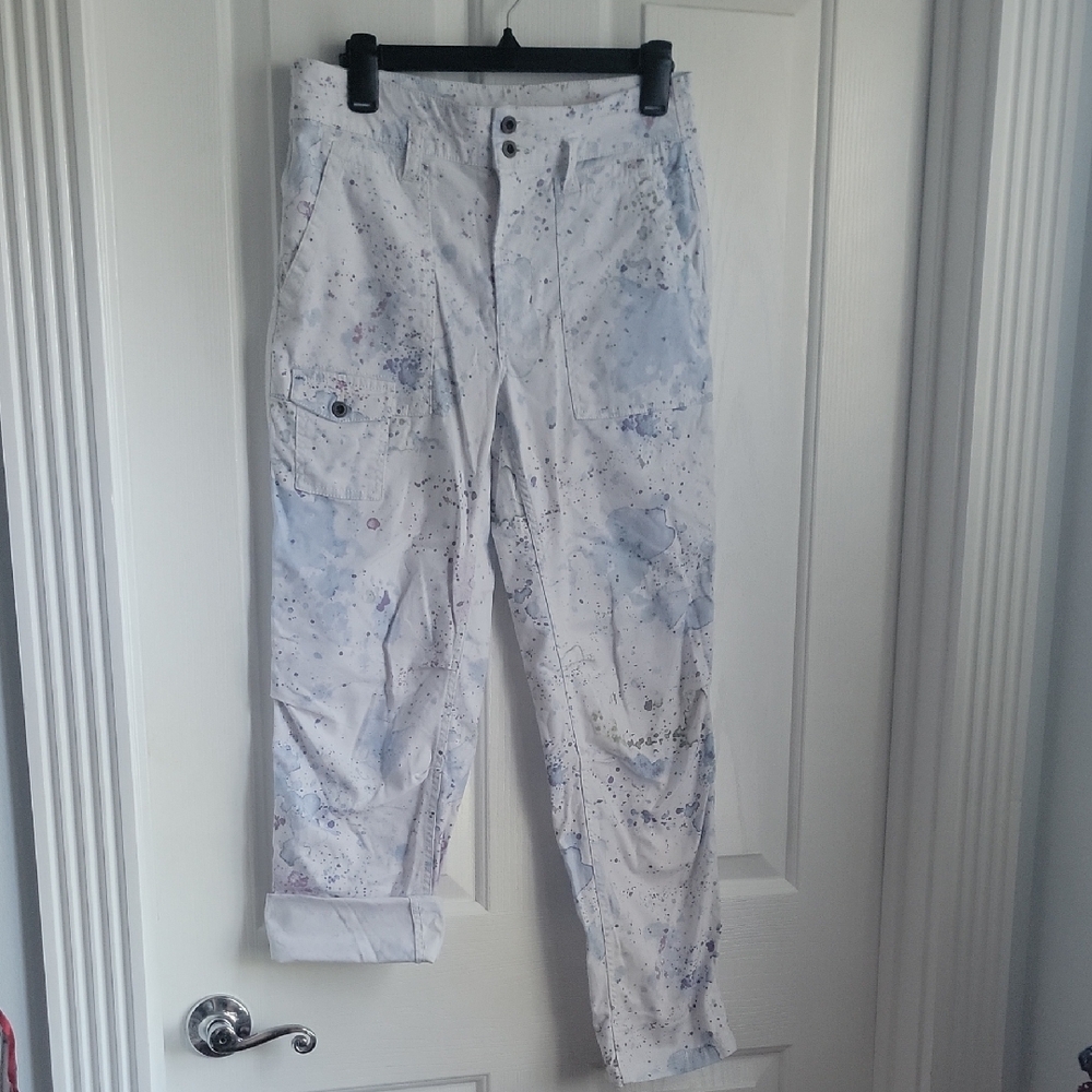Anthropologie White Cargo Pants Crops  Colorful Accents Splatter The Wanderer 26